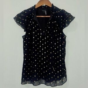 1. State Tie Neck Ruffle Flutter Sleeve Black and Gold Foil Polka Dot Blouse Top